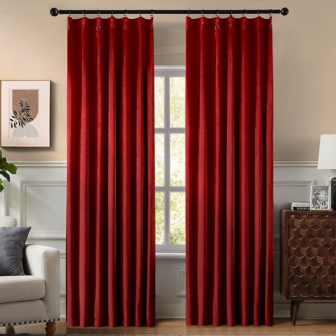 Pinch Pleated 100% Blackout Curtains for Bedroom, Red Velvet Curtains for Living Room, Black Out Curtain 96 inch Long Room Darkening, Blackout Pinch Pleat Drapes with Hooks 2 Panels