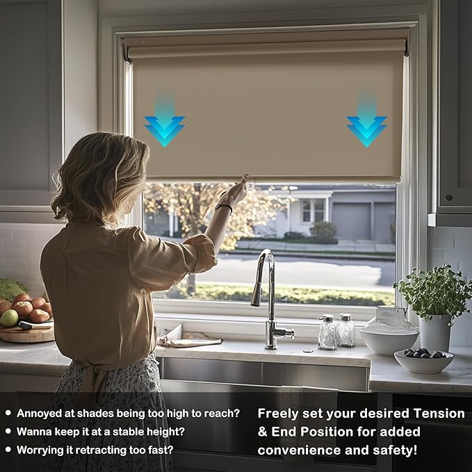 HESTIA No Drill Cordless Blackout Roller Shades Screwless Waterproof Shower Window Blinds, Auto-Retraction Easy Install Blind for Bathroom/Kitchen/Office/Exterior, Greige, 24" W x 54" H