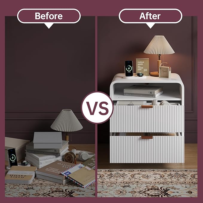 FURSUN 24" Fluted Nightstand with Charging Station, Wooden End Table with 2 Drawers Storage, Curved Profile Design, Modern Bedside Cabinet for Bedroom, White