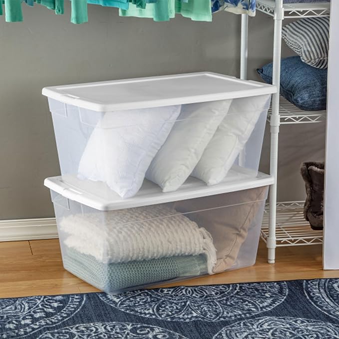 Sterilite 4-Pack 90 Quart Storage Box, Stackable Clear Plastic Bins with Snap-On Lids - Heavy-Duty Organizing Containers for Closet, Bathroom, and Office