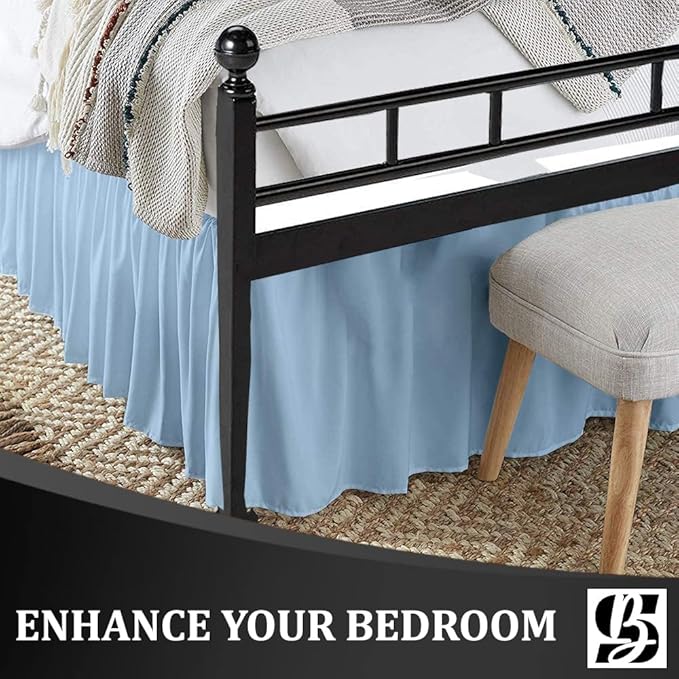 SKY BEDDINGS - Twin Size Ruffled Bed Skirt with Split Corners - 12 Inch Drop Dust Ruffle Bed Skirt with Platform Three Sided Coverage - 100% Microfiber, Light Blue
