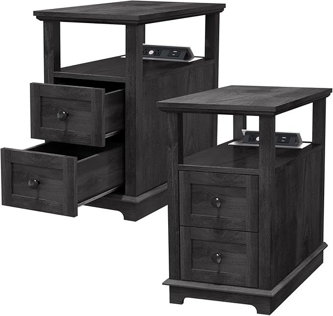 HIFYOBRO Narrow End Table with Flip Top Charging Station Set of 2, Side Table with 2 Drawers, Type-C & USB Port & Power outlets, Wooden Storage Cabinet for Living Room and Bedroom