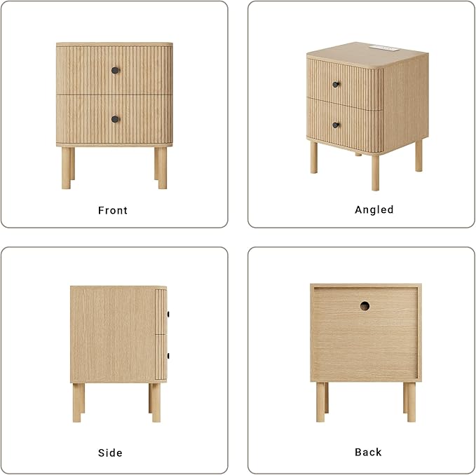 Night Stand with Charging Station, 18" Fluted Nightstand with Rounded Corners & Solid Wood Legs, 2 Drawers End Table with Storage, Mid Century Modern Bedside Table for Bedroom, Natural Oak