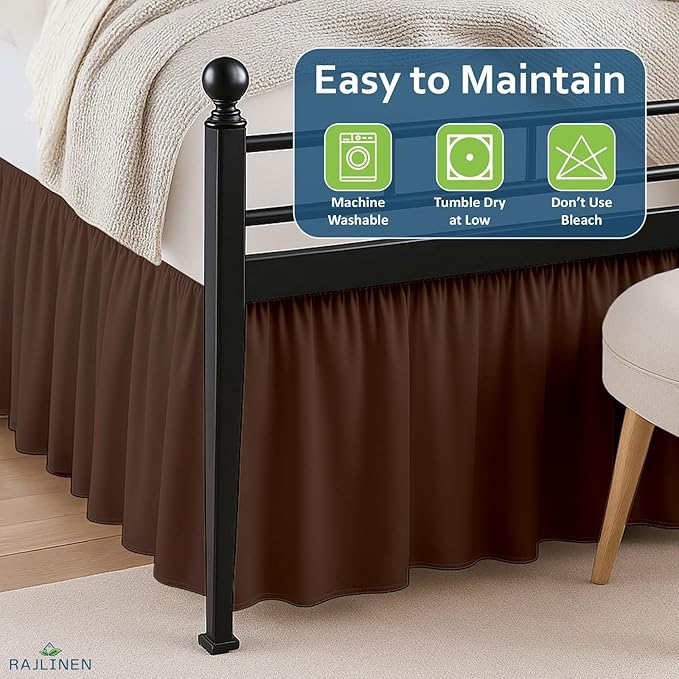 Rajlinen Ruffled Bed Skirt Full, 18 Inch Drop Dust Ruffle with Split Corners, 100% Microfiber Bedskirt with Platform, Three-Sided Coverage Ruffled Gathering Design, Chocolate