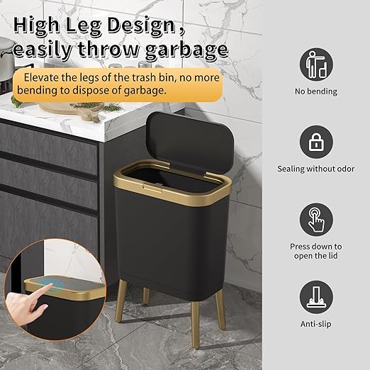 Procade 2Pack BathroomTrash Can with Lid, Modern Garbage Bin for Kitchen, 4 Gallon Garbage Can with Gold Edge, Plastic Trash Bin Waste Basket for Bedroom, Living Room,Office(Black+Green)