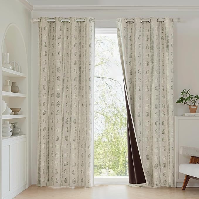 100% Boho Blackout Curtains 72 Inches Long for Bedroom, Green on Beige Patterned Bohemian Curtains for Living Room, Geometric Striped Thermal Insulated Window Drapes Gromment Top 2 Panels