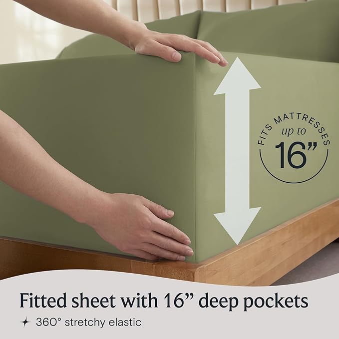 LuxClub 4 PC California King Sheet Set, Deep Pockets Wrinkle Free Cooling Bed Sheets Hotel Bedding for Women, Men, Includes 1 Fitted Sheet, 1 Flat Sheet and 2 Pillowcases-Olive