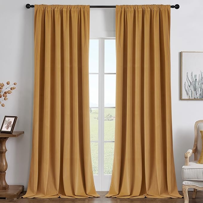 Joydeco Mustard Yellow 100% Blackout Curtains 120 Inch 2 Panels, Luxury Thermal Yellow Velvet Curtains for Bedroom Living Room, Soundproof Blackout Window Drapes, Rod Pocket & Back Tab (52W x 120L)