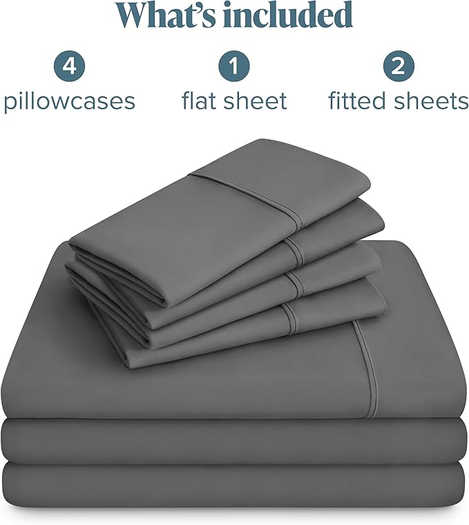 Bare Home Hotel Luxury Split California King Sheet Set, Extra Soft, Deep Pockets, Easy Fit, Cooling & Breathable, Wrinkle, Fade, Stain Resistant, Includes 4 Pillowcases (Split Cal King, Grey)