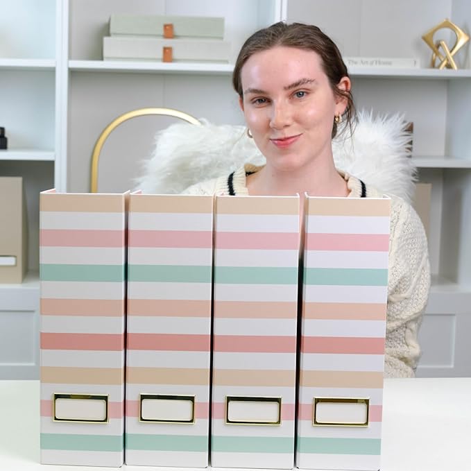 BLU MONACO Set of 4 Foldable Magazine Holders in Pastel Stripes | Cardboard Vertical File Organizer Boxes with Gold Label Holders | Stylish Paper Organizer for Desk, Office & Classroom