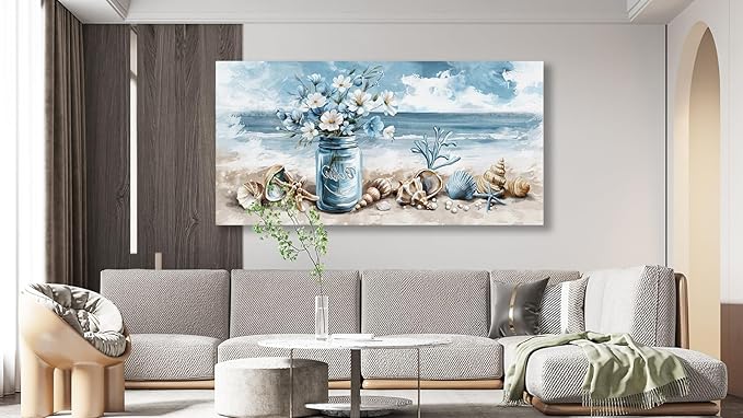 yearainn Coastal Canvas Wall Art - Rustic Jar Flowers Pictures Wall Decor Seashells Seaside Painting Artwork Ocean Landscape Prints for Living Room Bedroom Office Home Decor Ready to Hang 48" x 24"