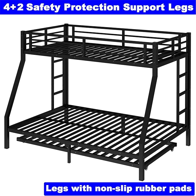 Upgraded Version Thicken Stronger Metal Heavy-Duty Twin Over Full Bunk Bed with Twin Size Trundle, Bunk Bed for Adults with Ladders, Easy Assemble (Twin/Full)