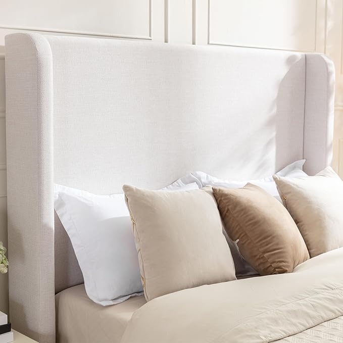 Harper Upholstered Bed with 54" Tall Headboard - Wingback Chenille Platform Bed Frame, Solid Wood Feet, Sturdy Metal Base, Easy Assembly (Textured Ivory, Queen (U.S. Standard))