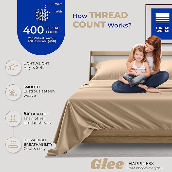 THREAD SPREAD Twin XL Sheets Set - 400 Thread Count 100% Cotton, Cooling & Luxury Sateen Sheets, 3 PC Set, 16" Deep Pocket, Extra Soft (Taupe)