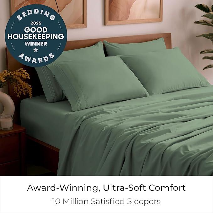 Mellanni Split King Sheet Set - 7-Piece Iconic Collection Bedding, (Including 4 Pillowcases), 16-Inch Deep Pocket, Easy Care, Extra Soft, Cooling Sheets, Brushed Microfiber - Sage