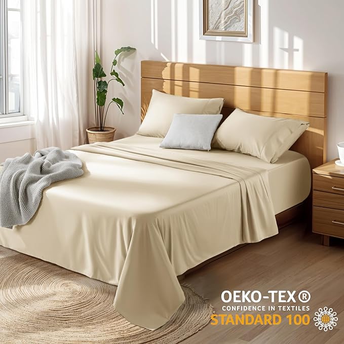 LBRO2M 100% Cotton Sheets Set Deep Pocket 19", 1000 Thread Count King Size 4 Piece Bed Sheet Sets Soft Comfortable Bedding All Season (King, Linen)
