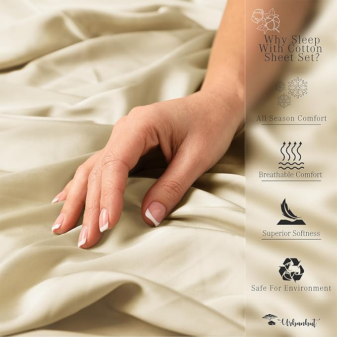 URBANHUT 800 Thread Count 100% Cotton California King Size Sheets, Luxury 4 Piece Cal King Bedsheets, Hotel Sheets Sateen Finish - Better Than Egyptian, 16" Elasticized Deep Pocket - Sand