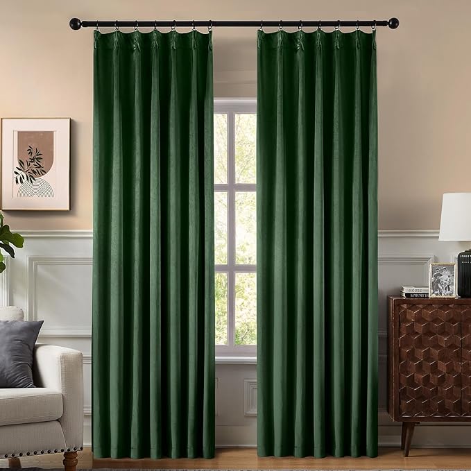 Pinch Pleated 100% Blackout Curtains for Bedroom, Olive Green Velvet Curtains for Living Room, Black Out Curtain 84 inch Long Room Darkening, Blackout Pinch Pleat Drapes with Hooks 2 Panels