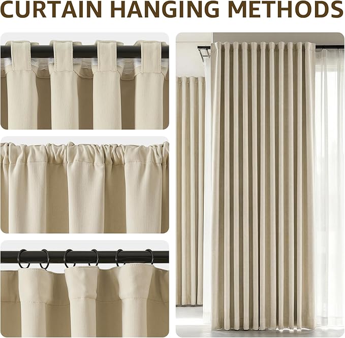 jinchan Chenille Blackout Curtains 108 Inches Long Beige Thermal Insulated Curtains for Living Room Bedroom 2 Panels Triple-Weave Noise Reducing Drapes Back Tab Privacy Window Curtains 50x108 Inch