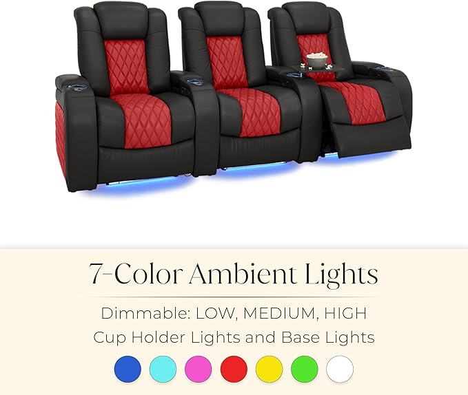 Seatcraft Diamante Zero-Gravity CoolZero Italian Leather Home Theater Seating, Power Headrest, Power Recline, Row of 4 Left Loveseat, Black/Red