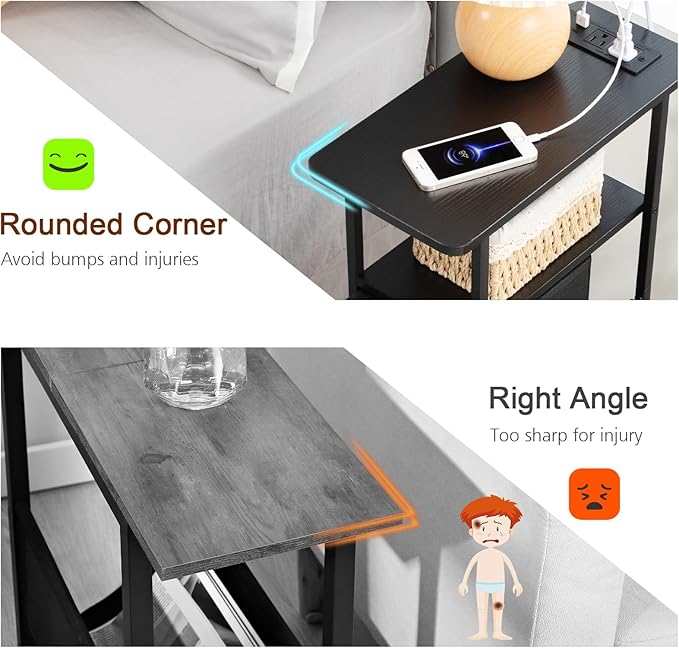 LOAKEKEL Narrow End Table Living Room with Charging Station, Skinny Side Table with Fabric Drawers, Slim LED Nightstand for Bedroom, Small Spaces, Couch, Black, HETNDP03LBK-1
