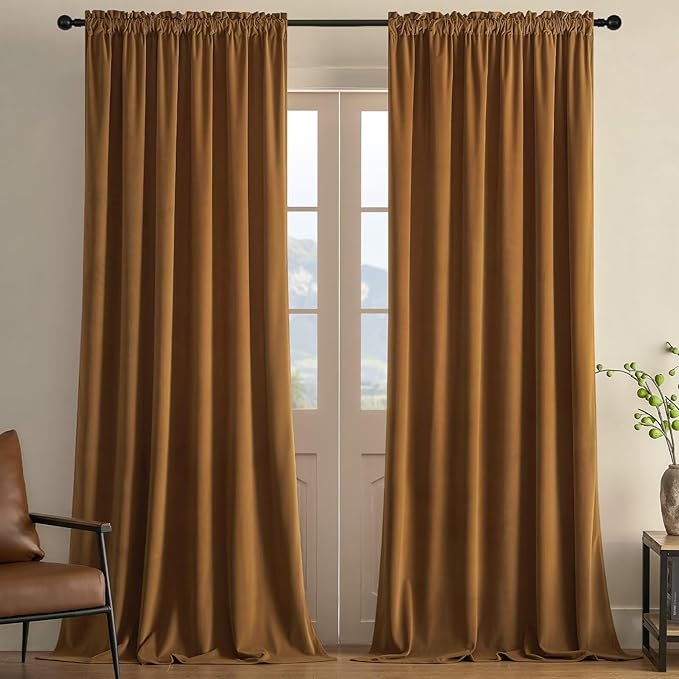 Joydeco Camel Brown Velvet Curtains 63 inch Length 2 Panels, Luxury Blackout Rod Pocket Thermal Insulated Window Curtains, Super Soft Room Darkening Drapes for Living Room Bedroom,W52 x L63 inches