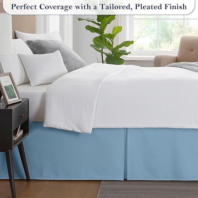 King Bed Skirt, Luxury 18 Inch Drop Light Blue Pleated Bed Skirt, Double Brushed Microfiber, Box Pleat Design, Wrinkle & Fade Resistant, Easy Fit Tailored Bedskirt for King Size Beds