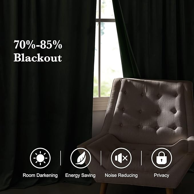 RYB HOME Elegant Green Velvet Curtains 84 inches Long, Light Blocking, Thermal Insulated, Stylish Back Tab Velvet Drapes for Cozy Home Aesthetics, 52" W x L96 L, 2 Panels Set