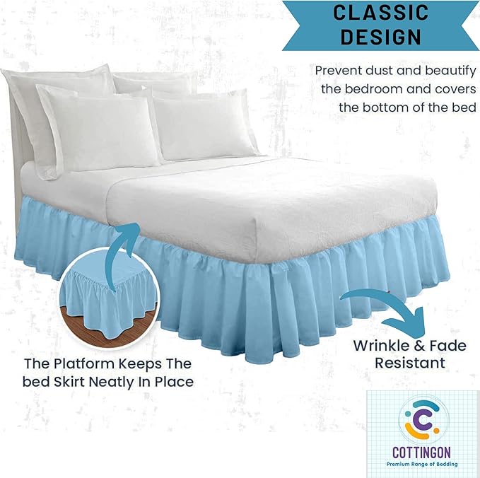 Ruffled Bed Skirt with Split Corners-Dust Ruffle - 22" Drop 100% Microfiber Soft,Sheen & Luxurious Look - Bed Skirts (Light Blue -King)