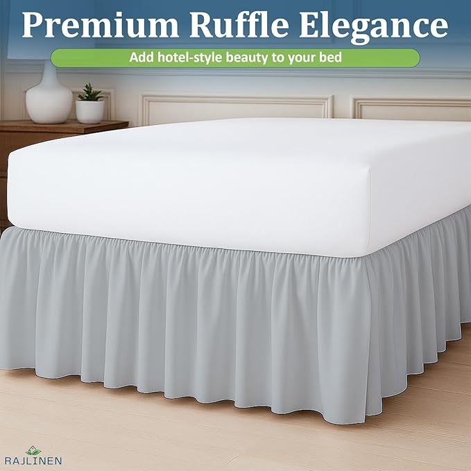 Rajlinen Ruffled Bed Skirt King, 16 Inch Drop Dust Ruffle with Split Corners, 100% Microfiber Bedskirt with Platform, Three-Sided Coverage Ruffled Gathering Design, Light Grey