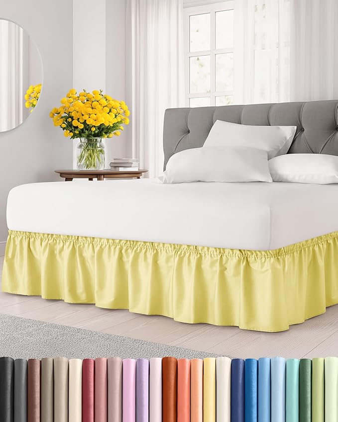 Wrap Around Dust Ruffle Bed Skirt - Yellow - for Queen Size Beds with 15 Inch Drop - Easy Fit Elastic Strap - Adjustable Pleated Bedskirt w/Brushed Fabric Wrinkle Free - for Women, Men, Kids & Teens