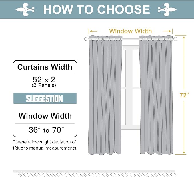 ChrisDowa 100% Blackout Curtains for Bedroom with Black Liner, 2 Thick Layers Total Blackout Thermal Insulated Grommet Window Curtains 72 Inch Length 2 Panels Set (Light Grey, 52 x 72 Inch)
