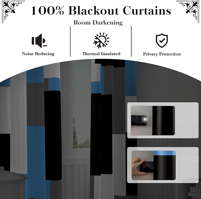 Light Blue 100% Blackout Curtains for Bedroom 108 inch Extra Long 2 Panels Set Black Grey Modern Abstract Geometric Black Out Curtains Room Darkening Window Drapes for Living Room, 52Wx108L