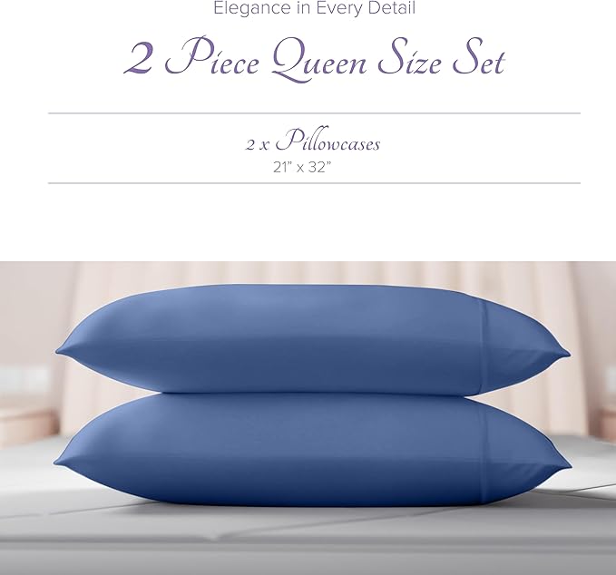 Carressa Linen 100% Egyptian Cotton Pillow Cases Queen Size Set of 2 - Luxury 600 Thread Count Deep Blue Standard/Queen Size Pillowcases, Silky Soft, Cooling Sateen Weave Hotel Quality Pillow Cover