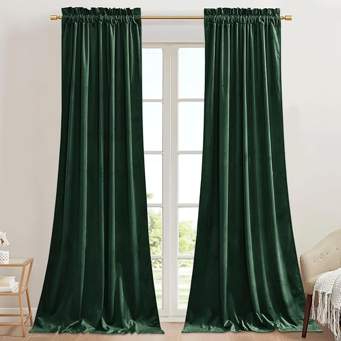 StangH Green Velvet Blackout Curtains Luxury Thick Noise Reducing Privacy Room Dividers Thermal Insulated for Dining Living Room Bedroom, Dark Green, W62 x L96, 2 Panels