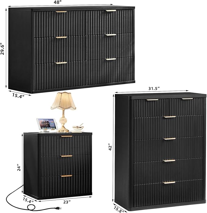 LEYAOYAO Fluted Dressers & Nightstand Set of 4, Wood 48" Wide Dresser & 42" Tall Chest of Drawers,Modern Bedroom Furniture Sets, Black Wooden Nightstand Set of 2 with 3 Drawers & Charging Station