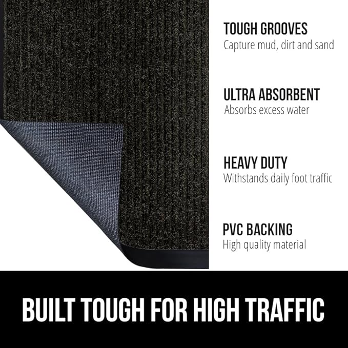 GORILLA GRIP Waterproof Traffic Guard Door Mat, 35x23, Heavy Duty Entryway Mats, Strong Rubber Back Commercial Utility Rugs for Office Hallway, Garage Floor and Home, Low Profile Carpet Runner, Black