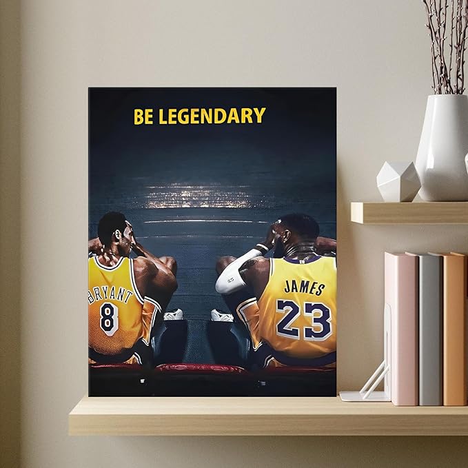 Kobe Bryant and LeBron James Canvas Wall Art Print Poster, Be Legendary Inspirational Sports Picture Artwork, Motivational Mamba Mentality Wall Decor for Home Office Gym Living Room, Framed 16x20inch