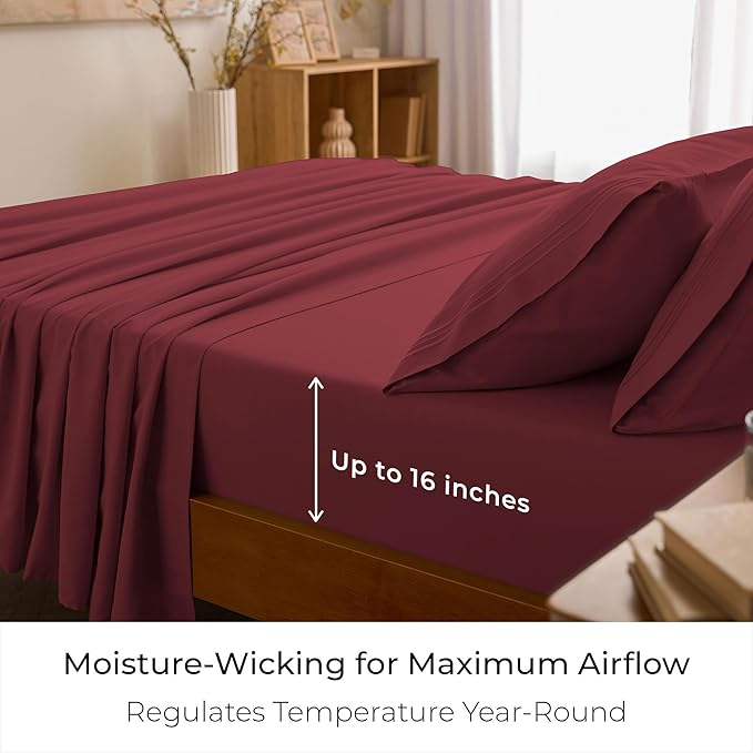 Mellanni Full Sheet Set - 6-Piece Iconic Collection Bedding, (Including 4 Pillowcases), 16-Inch Deep Pocket, Easy Care, Extra Soft, Cooling Sheets, Brushed Microfiber - Brick Red