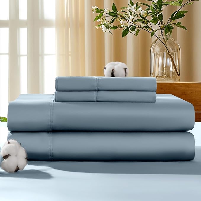 LBRO2M 100% Cotton Sheets Set Deep Pocket 19", 1000 Thread Count Full Size 4 Piece Bed Sheet Sets Soft Comfortable Bedding All Season (Full, French Blue)