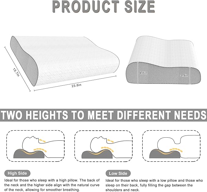 Memory Foam Pillow, Cervical Pillow for Neck Pain Relief, Ergonomic Adjustable Contour Bed Pillow for Side, Back & Stomach Sleepers (2, 23.6x15.7in)