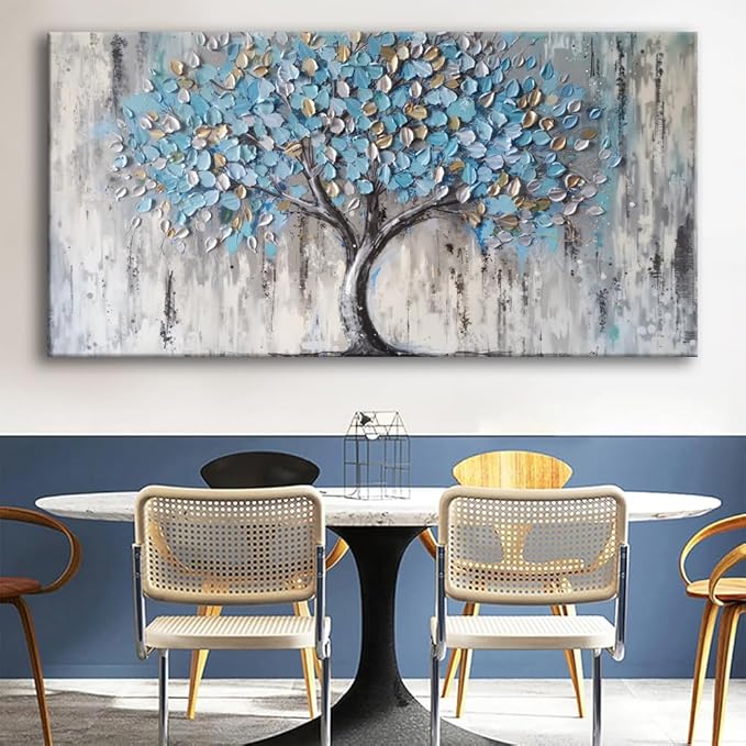 Blue Tree Canvas Wall Art - Modern Botanical Paintings for Living Room, Bedroom Wall Decor, Framed Wall Art for Home or Office Decoration, Large Wall Art 50x100cm(20x40in)