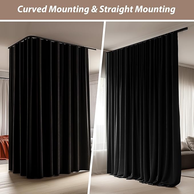Room Divider Curtains with Ceiling Curtain Track Set Window Curtain for Bedroom,Living Room Total Blackout Thermal Insulated Privacy Ceiling Track Curtain W 15 × H 7 FT Black drape&Black track