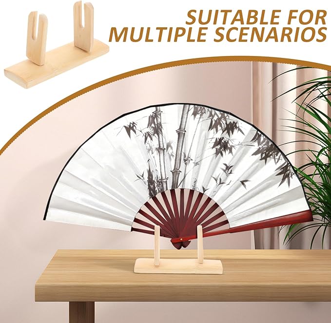 VOSAREA Bamboo Japanese Folding Fan Stand Holder Handheld Fan Display Stand Hand Fan Storage Rack Display Base (Beige)