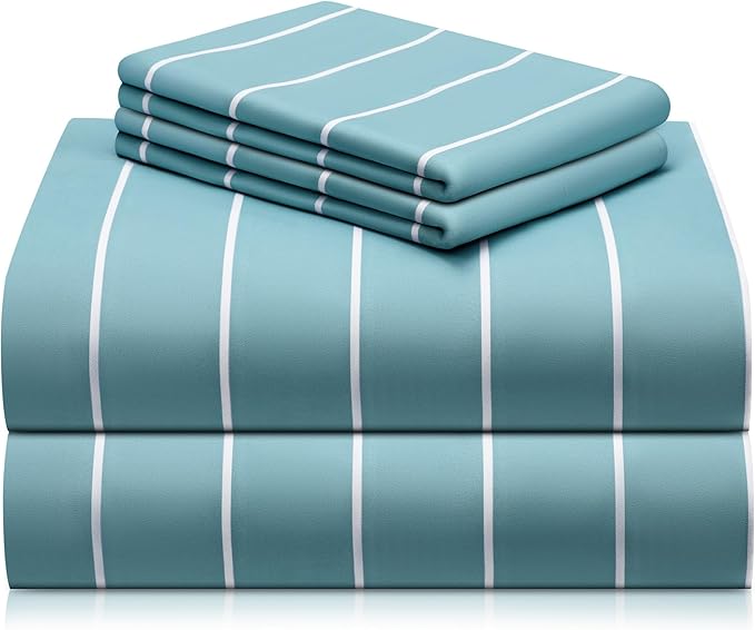 LuxClub 4 PC King Sheet Set, Deep Pockets Wrinkle Free Cooling Bed Sheets Hotel Bedding for Women, Men, Includes 1 Fitted Sheet, 1 Flat Sheet and 2 Pillowcases-Striped - Light Blue
