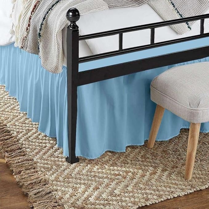 Light Blue Solid Ruffled Bed Skirt Full XL-20 Inch Drop Split Corner, Microfiber Bedskirt with Platform Three Sided Coverage