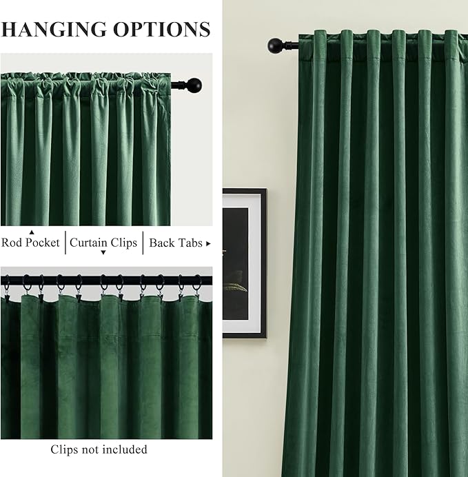 Velvet Curtains 108 Inches Long for Bedroom, Luxury Room Darkening Thermal Insulated Blackout Curtains Luxury Window Drapes for Living Room, Back Tab Rod Pocket, Dark Green, W52 x L108, 2 Panels