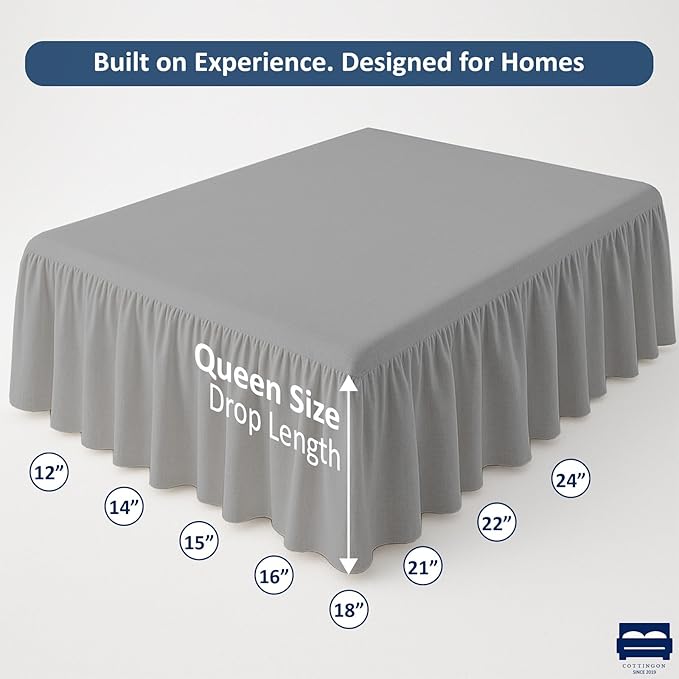 Ruffled Bed Skirt with Split Corners-Dust Ruffle - 14" Drop 100% Microfiber Soft,Sheen & Luxurious Look - Bed Skirts (Light Grey -Queen)