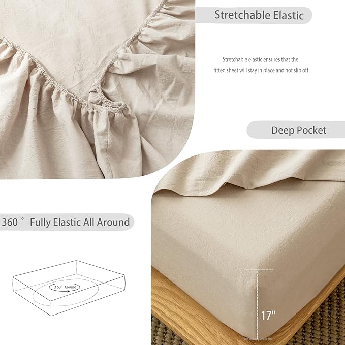 MooMee Fitted Bottom Sheet Only 100% Washed Cotton Linen Like Textured Breathable Durable Soft Comfy Deep Pocket Fits Mattress up to 17" (Taupe, Twin)
