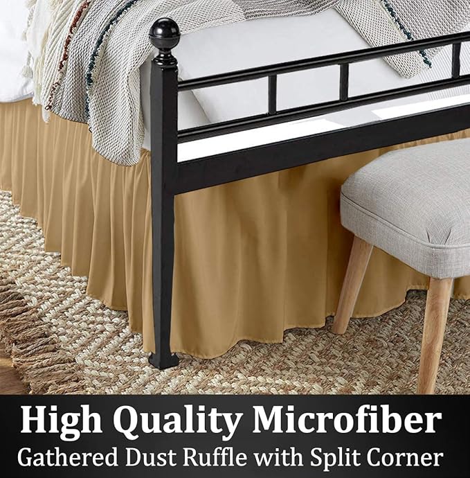 Ruffled Bed Skirt with Split Corners, Taupe, Queen 16 Inch Drop Bedskirt, Hotel Quality Brushed Microfiber Wrinkle Free Dust Ruffle Bed Skirt Queen Size